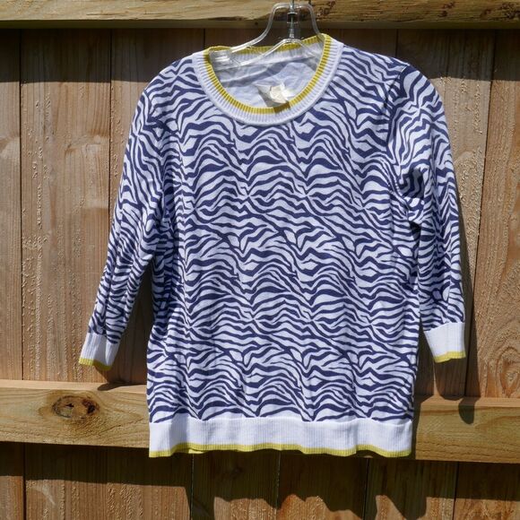 Edinburgh Knitwear Sweaters - Edinburgh Knitwear Zebra Print Crewneck Pima Cotton Sweater Large Blue White